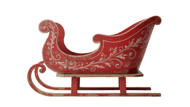 Antique ornate red wooden sleigh with decorative white floral patterns isolated on transparent background