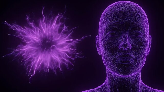 Abstract 3D Particle Human Head With Cosmic Energy Explosion Purple Lighting - Powered by Adobe