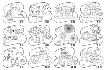 日本の12か月 行事アイコンセット（モノクロ線画）