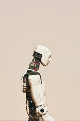 Naklejka premium Futuristic humanoid robot with exposed circuits symbolizing artificial intelligence and advanced technology on neutral background