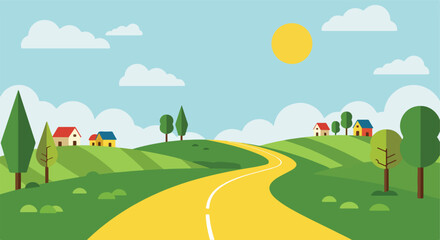 Fototapeta premium Minimalist Vector Landscape Illustration with Rolling Hills and Village Scene in Bright Colors
