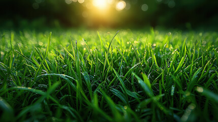 Fototapeta premium Morning dew on lush green grass outdoor nature scene close-up perspective tranquil environment natural beauty