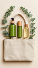Eco-Friendly Skincare Product Composition with Eucalyptus and Canvas Bag