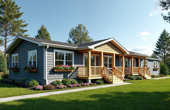 Modern grey manufactured home sits on green grass with flower boxes. Double wide modular house features wood porch, white windows. Rural residential building offers comfortable living space for
