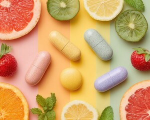 Colorful Vitamins and Fresh Fruits on Vibrant Background
