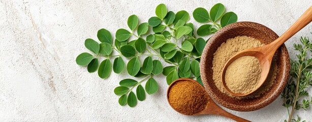 Natural Herbal Ingredients with Moringa Leaves and Powder in Wooden Bowls