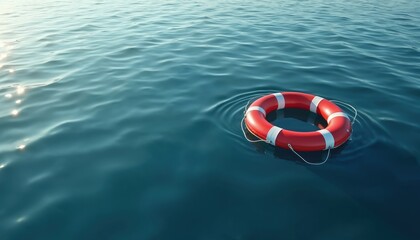 Naklejka premium Red life preserver floats in calm blue ocean water. Gentle sunlight reflects on tranquil sea surface. Marine safety, rescue, help, hope, protection during emergency. Lifesaver equipment awaits.