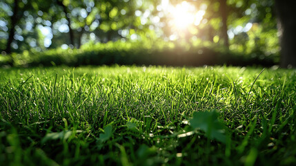 Naklejka premium Sunlit green grass meadow nature scene close-up view tranquil environment outdoor serenity