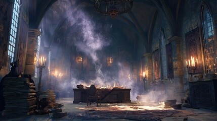 Mysterious fortune teller reading a glowing magical book in a dark mystical room