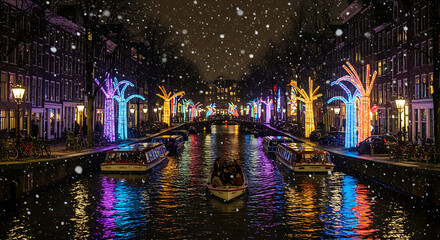 amsterdam light festival canal winter night snow