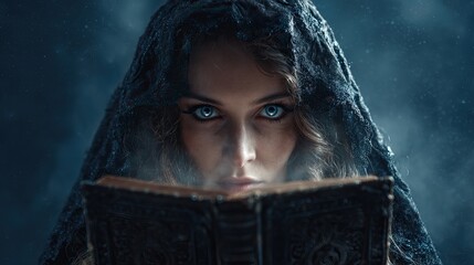 Mysterious fortune teller reading a glowing magical book in a dark mystical room