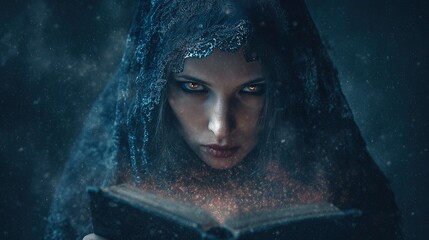 Mysterious fortune teller reading a glowing magical book in a dark mystical room