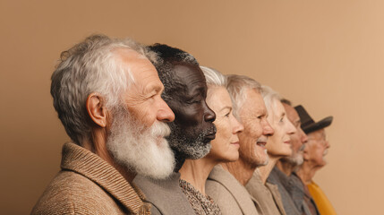 older adults from mixed race and gender, all 60 years old, standig on a row. 