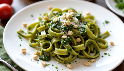 Spinach Fettuccine Pasta with Pine Nuts and Cheese