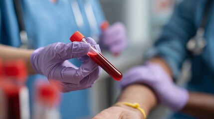 Healthcare worker in gloves holds a blood sample for testing, highlighting laboratory safety and medical diagnostics procedures.