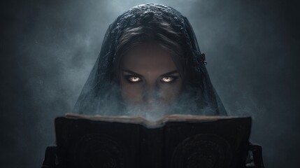 Mysterious fortune teller reading a glowing magical book in a dark mystical room