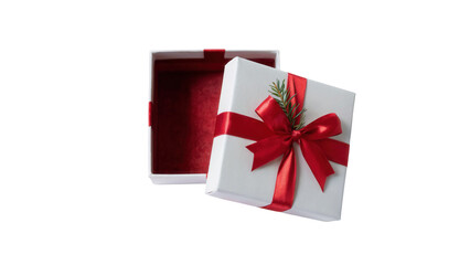 Elegant white gift box with a vibrant red ribbon and bow partially open revealing a deep red interior isolated on transparent background