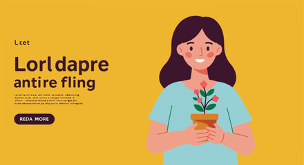 Minimalist Vector Illustration of a Woman Holding a Flower in a Pot with Modern Style and Bright Colors