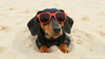 A cute dachshund puppy with red sunglasses relaxes in the sand enjoying the beach vacation and warm sunshine on a bright summer day at the ocean, so adorable!