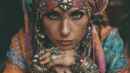 Futuristic and traditional fortune tellers reading glowing crystal spheres and tarot cards