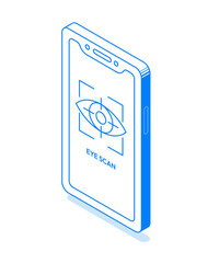Isometric vector illustration of a smartphone displaying an eye scan on the screen. Isolated lineart mobile phone with editable stroke, perfect for modern tech and digital service concepts