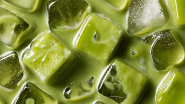 Green matcha ice cubes melting in creamy liquid, close-up photography on a smooth background surface, concept of refreshing beverage detail