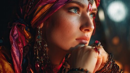 Futuristic and traditional fortune tellers reading glowing crystal spheres and tarot cards