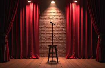 Empty stage with brick wall background. Red curtains frame microphone and stool. Spotlight shines on wooden floor for performance. Comedy show or concert venue.