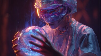 Futuristic and traditional fortune tellers reading glowing crystal spheres and tarot cards