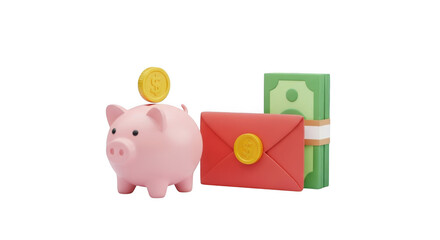Pink piggy bank with coin and money isolated on transparent background