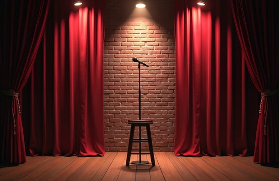 Empty stage with brick wall background. Red curtains frame microphone and stool. Spotlight shines on wooden floor for performance. Comedy show or concert venue.