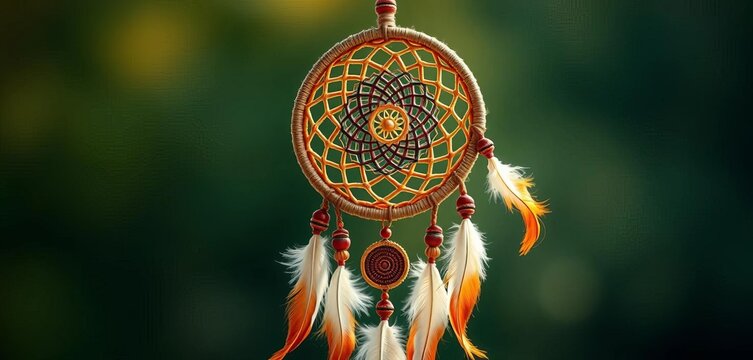 Intricate woven dreamcatcher with feathers and beads, bohemian style,   web,  home decor
