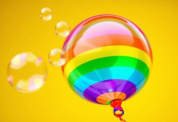Rainbow soap bubbles floating near a vibrant, inflated balloon,  photography,  light