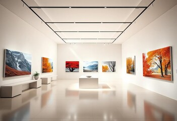 Modern minimalist exhibition hall with neutral walls and bright lighting,  light,  interior