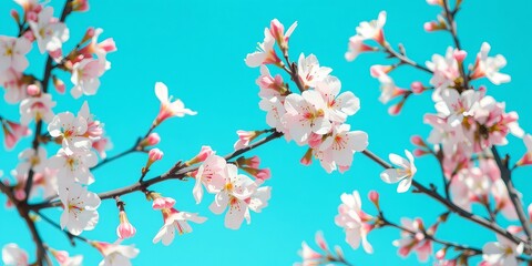 Delicate Cherry Blossoms Against a Vibrant Blue Sky, Symbolizing Springtime Beauty and Renewal, Creating a Serene and Optimistic Atmosphere