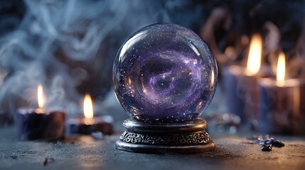 Tarot cards, candles, and crystals arranged for mystical divination