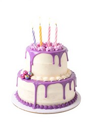 Two-Tier Birthday Cake with Purple Drip Icing, Candles, and Colorful Candy Balls on a White Background, Perfect for Celebrations and Special Occasions