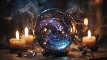 Tarot cards, candles, and crystals arranged for mystical divination