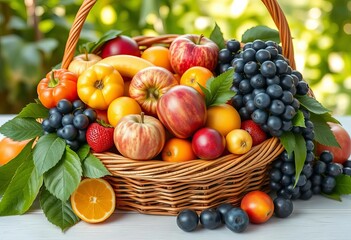 Vibrant summer fruits overflowing from a wicker basket,  yellow,  abundance
