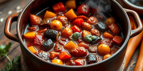 Vibrant ratatouille simmering in a rustic pot,   tasty,  close-up
