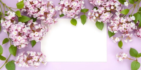 Floral Mockup with Pink Hydrangea Flowers and Blank White Card on Pastel Purple Background, Perfect for Invitations, Greetings, or Creative Designs