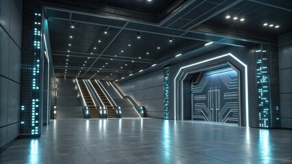 Futuristic architecture with glowing lights and digital pathways