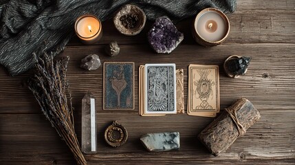 Tarot cards, candles, and crystals arranged for mystical divination