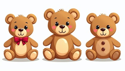 Obraz premium Three cute brown teddy bears sit together against a white background. One wears a red bow tie, another has two buttons. They look friendly and cuddly for kids.