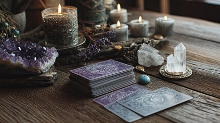 Tarot cards, candles, and crystals arranged for mystical divination