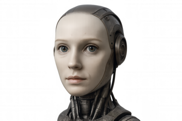 Female android observing forward, depicting artificial intelligence, robotics, and futuristic technology with human-like features
