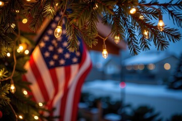 Festive holiday scene with an American flag and string lights.