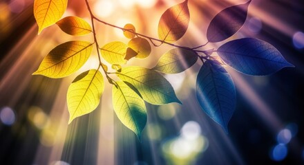 A branch with colorful leaves against a blurred background, with a warm, golden hue.