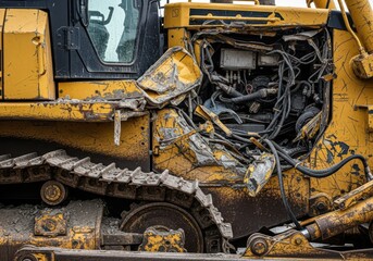 Closeup of a damaged yellow bulldozer, showing exposed engine components, torn metal, and mudcaked tracks