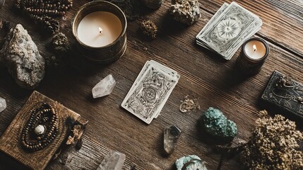 Mystic fortune teller reading glowing crystal ball and tarot cards by candlelight